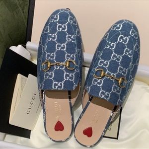 Gucci blue denim Princetown mules